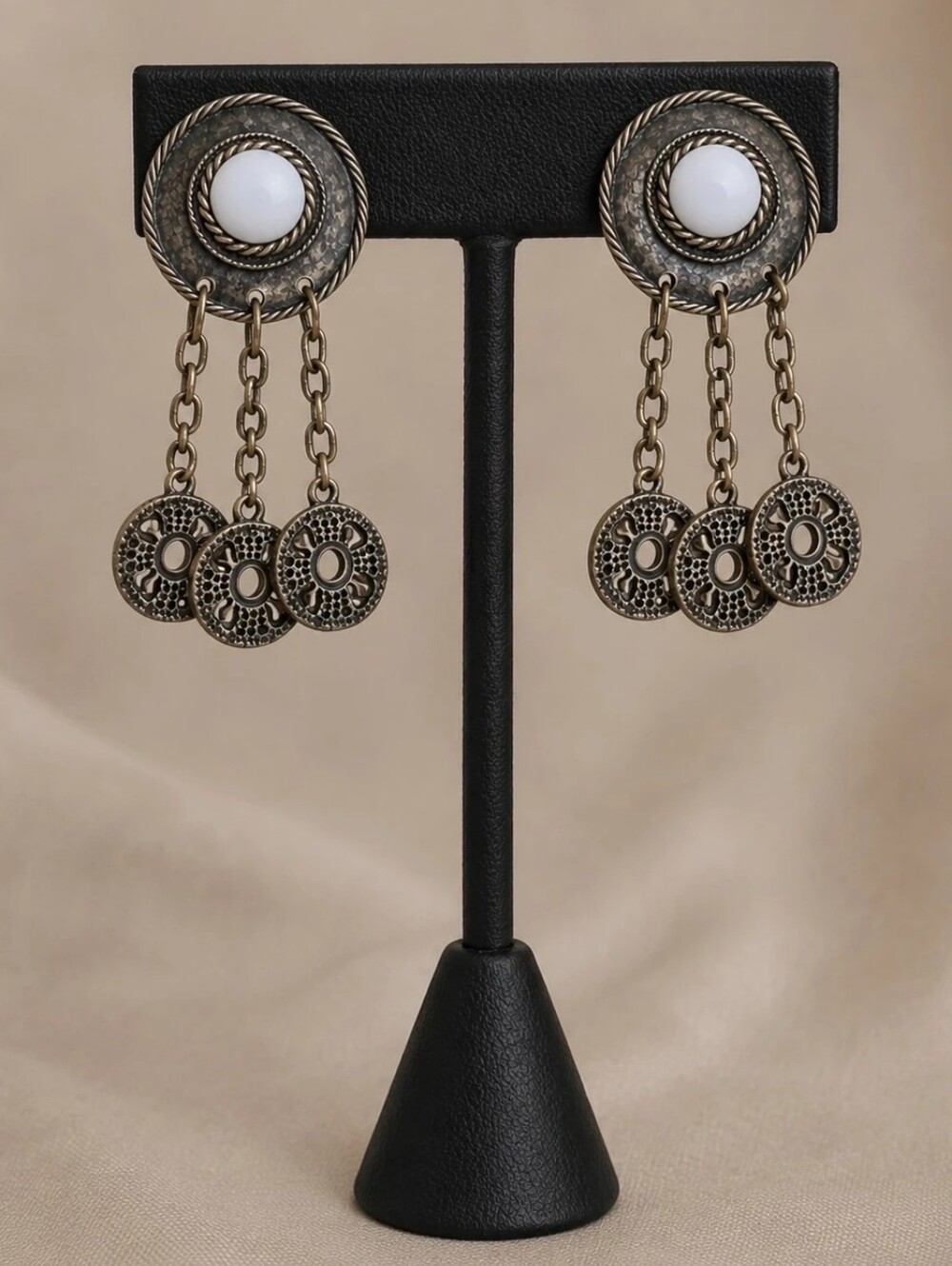 Vintage Bronze Tone Clip-On Dangle Earrings | Boho Medallion Design